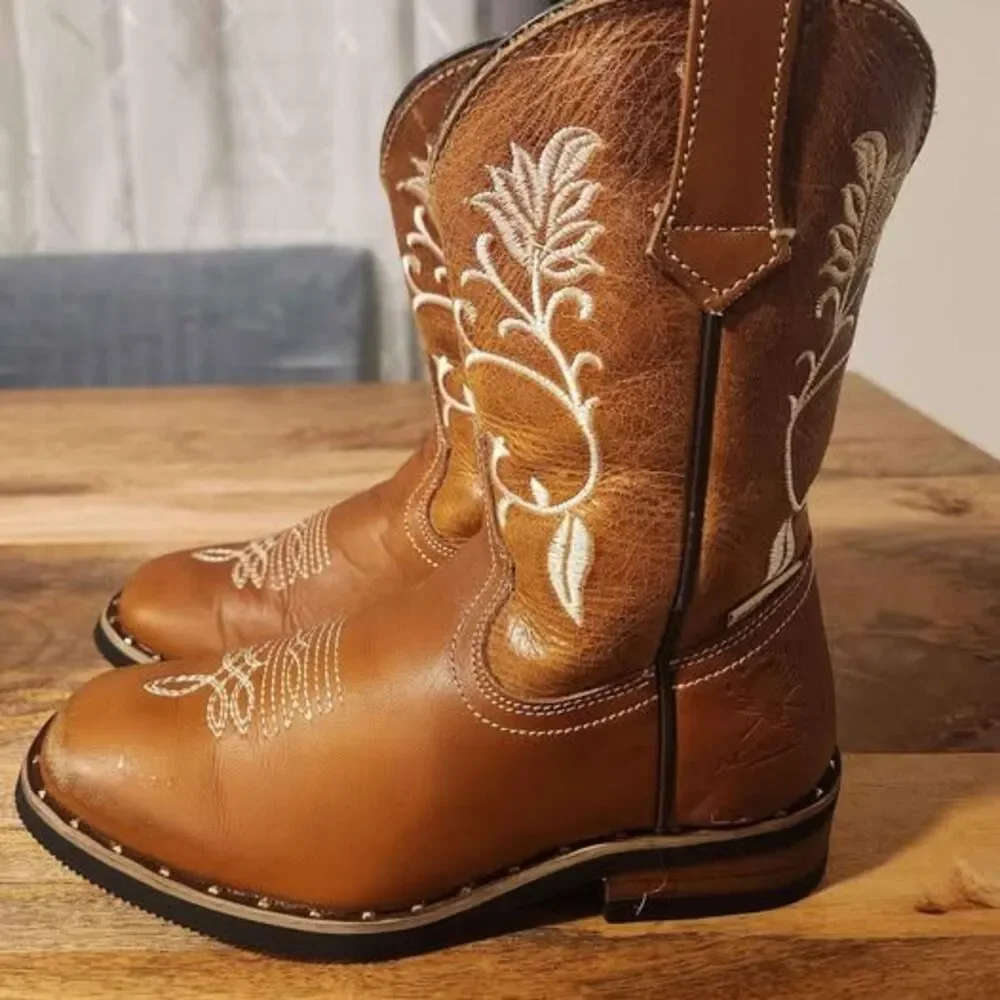 Brown Square Toe Real Leather Cowboy Boots from Zacatecas Size 20.5 MX 1.5 Kids